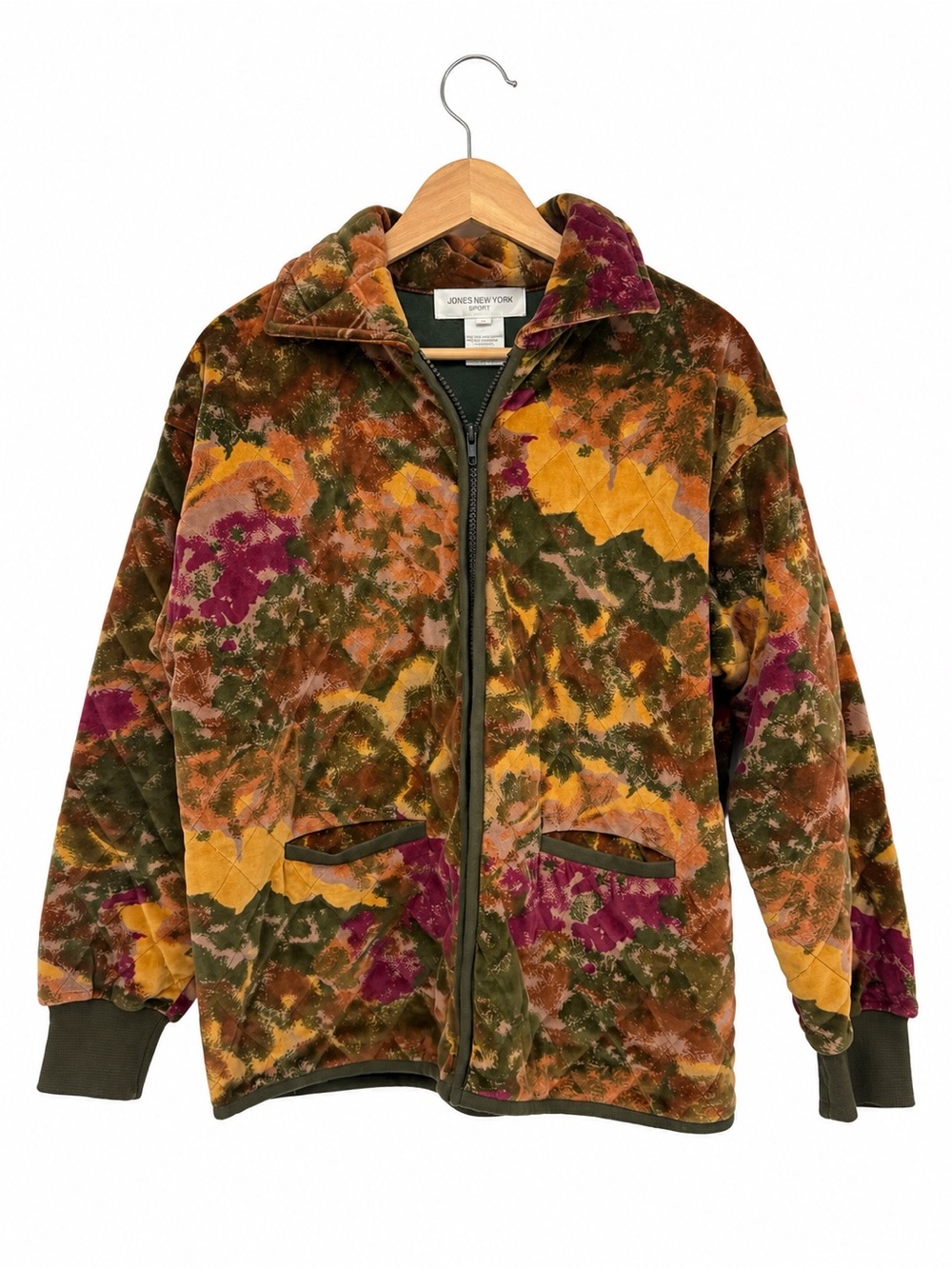 Vintage Jones New York Sport Floral Velour Zip Quilted Jacket Medium Boho